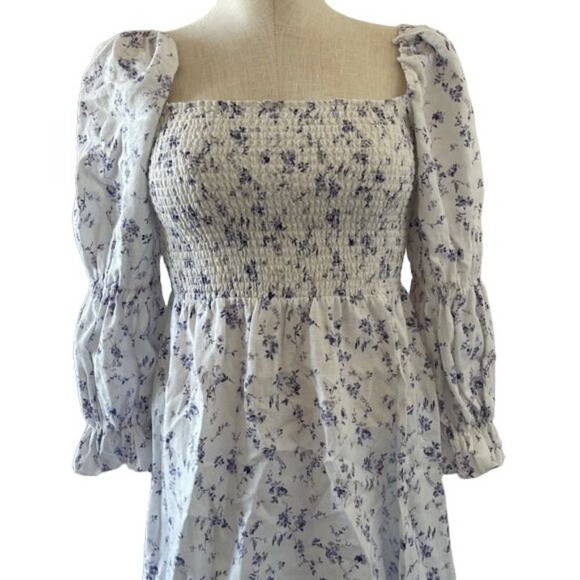 Reformation Midi Dress Smocked Puff Sleeves White Linen Floral Long Slit Medium - Picture 9 of 15